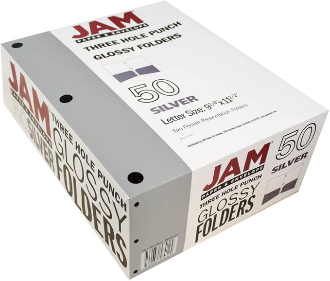 JAM PAPER Laminated Two Pocket Glossy 3 Hole Punch School Folders - Letter Size - High Gloss Silver - Bulk 50/Box