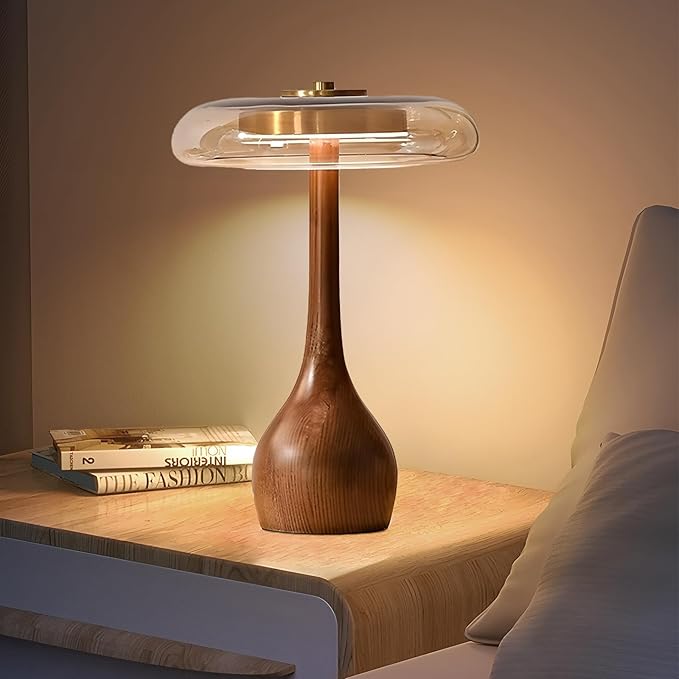 Small Table Lamp for Bedroom-Wooden Base Teardrop Mushroom Table Lamps,Amber Glass Shade,LED Three Color Temperature Adjustable Brightness Modern LED Side Table and Desk Lighting(H 12.4 in)