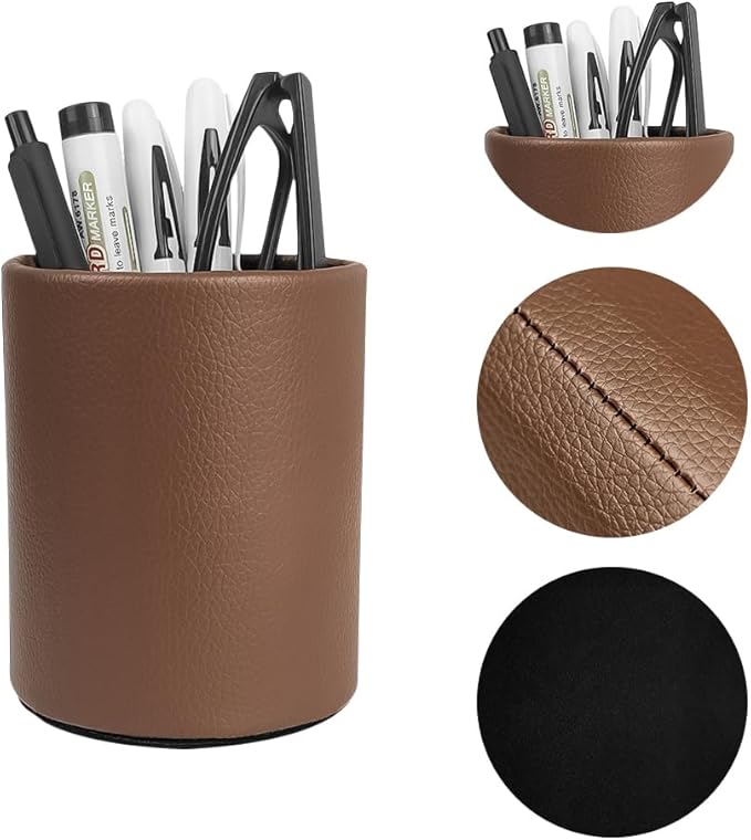 Pen Holder for Desk Pencil Organizer Cute Cup Holders Aesthetic (Brown, 3.94" x3.15" x3.15")