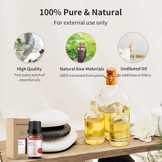 GREENSLEEVES Litchi Essential Oil, 10ml Pure Plant-Based Fragrance Oil for Aromatherapy, Essential Oils for Diffuser, Air Freshener, Massage, Bath Bomb, Scented Candle Soap Making