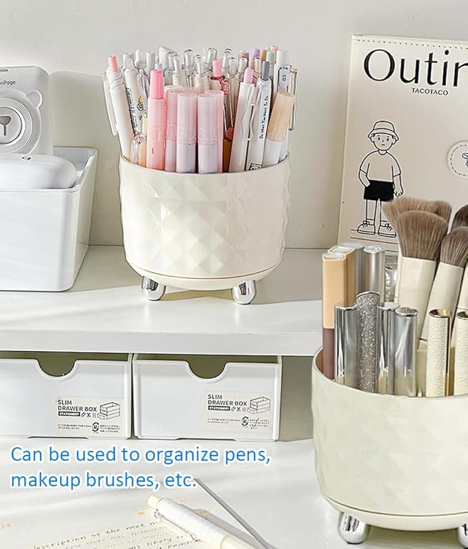 360° Rotating Pencil Holder for Desk, Makeup Brush Holder with 6 Slots, Desk Organizer for Writing Utensil, Office and School Supplies (Milky White)