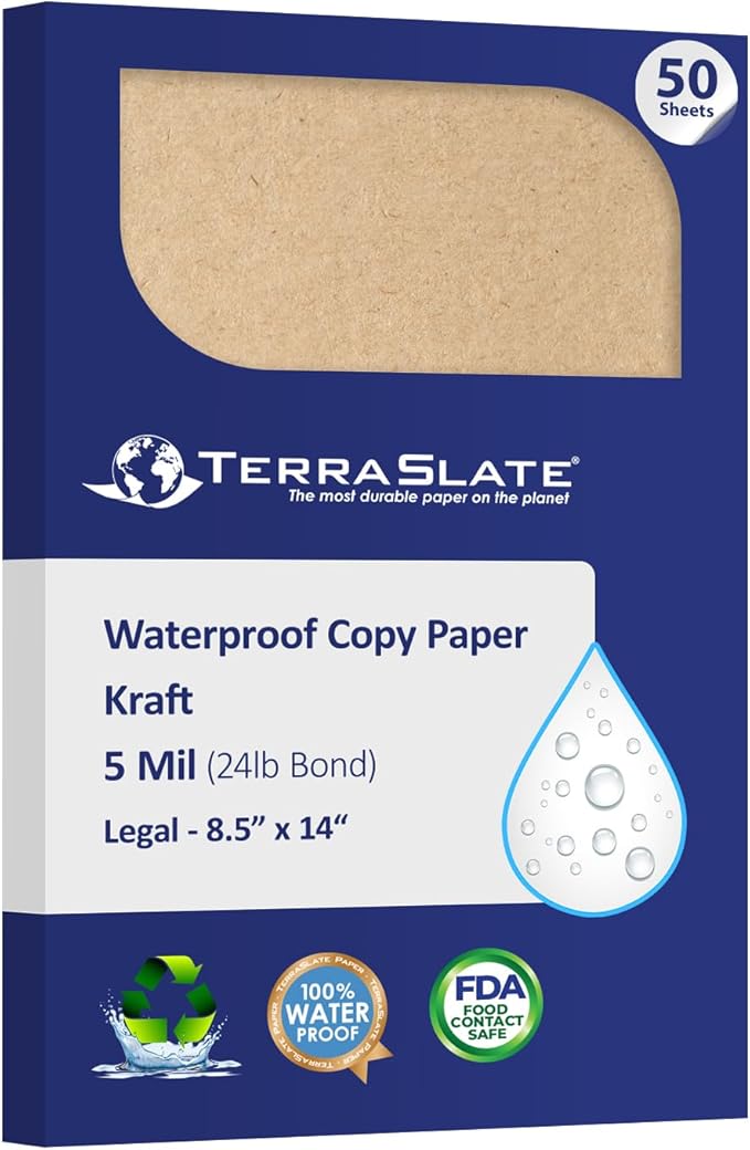 TerraSlate Waterproof Paper, Rip-Proof Colored Paper, Kraft, 50 Sheets, 5 Mil, (24lb Bond), 8.5” x 14”, Laser Printer and Copy Machine Compatible