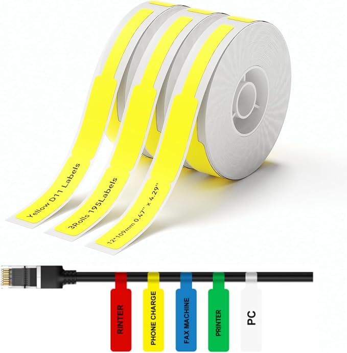NIIMBOT D11 Label Tape D110 Label Maker Papers 3Rolls Cable Labels, Self-Adhesive Labeling Tape 0.47" X 4.29" (12 X 109mm) Cable Label Refills for Home Office Circuit Box, 195 Labels/3Rolls, Yellow