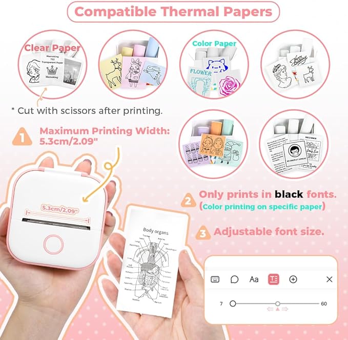 Instant Print for Kids - T02 Mini Printer, Thermarote Sticker Maker, Instant Phone Photo Printer for Study, Fun, Games, Stickers, Labels, Flashcards, Pink
