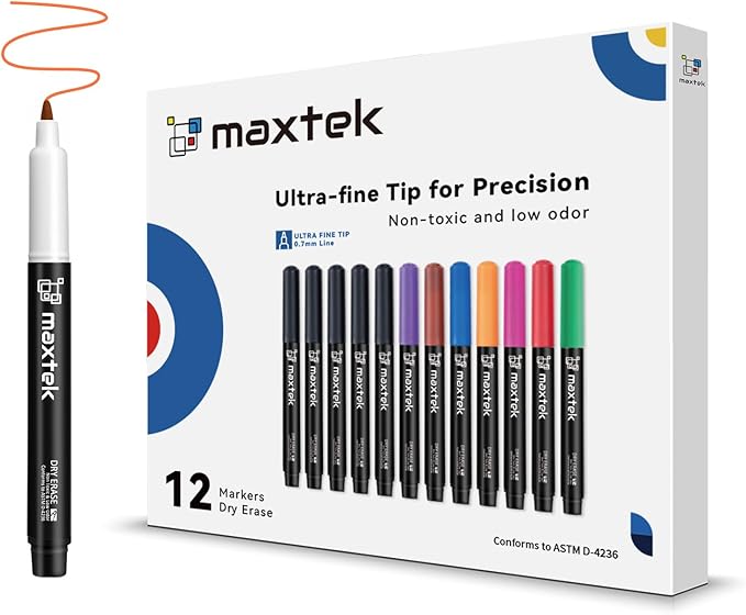 maxtek Dry Erase Markers Ultra Fine Tip, 0.7mm, Low Odor,12 Count Whiteboard Markers, 8 Assorted Colors