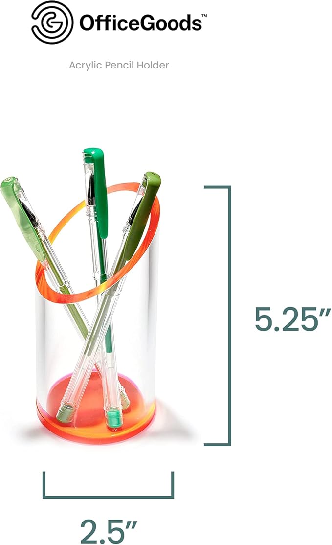 OfficeGoods Acrylic Pen & Pencil Holder - Modern Cylinder Design - Beautiful Desk Organizer for Home or Office - Contrasting Base & Rim - 5.25” H x 2.5” W - Neon Red