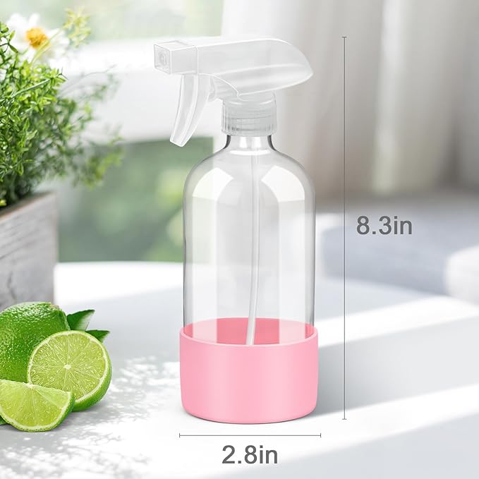 Glass Spray Bottles with Silicone Sleeve Protection, Empty 16 oz Refillable Containers, Reusable Spray Bottles with Adjustable Nozzle for Hair, Cleaning Solutions, 1 Pack Pink