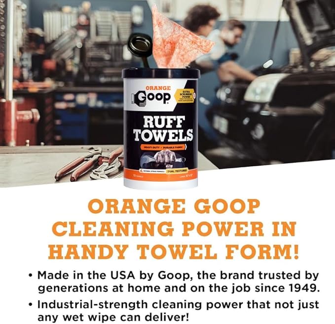 GOOP Orange Heavy Duty Ruff Towels with Scrubbing Power, 10” x 12” Dual Textured Multi-Purpose Cleaning Wipes, Removes Dirt, Grease, Oil, 72 Count (Pack of 2)