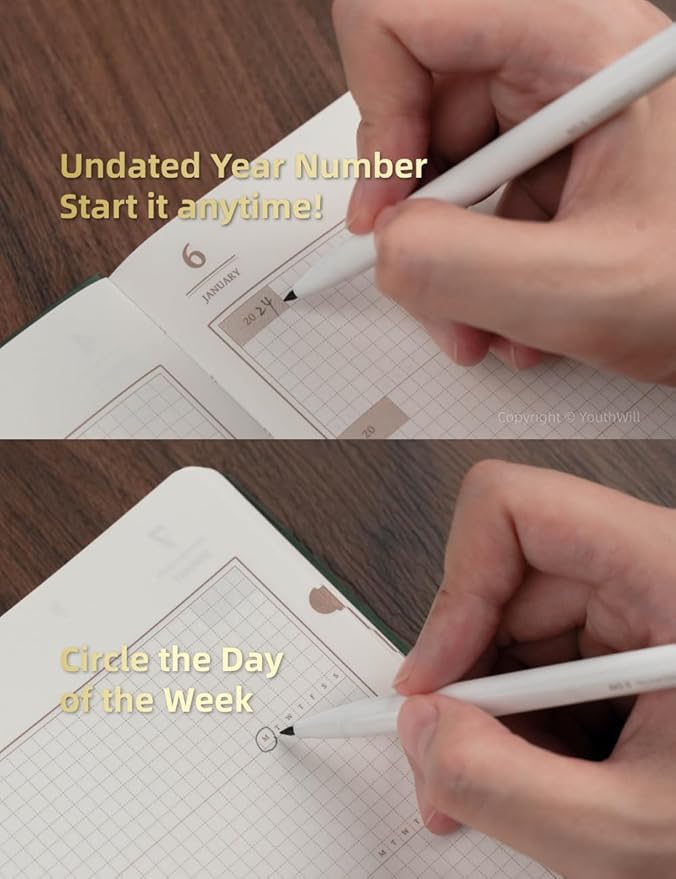 YouthWill Five Year Journal, 5-year Memory Notebook, Daily Journal, Undated Diary, One Line a Day, Soft Cover, Medium, 90gsm paper (Dark Green)