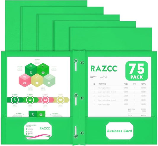 Two Pocket Folders, RAZCC 75 Pack Two Pocket Folders with Prongs, 3 Prong Folders Fit Letter Size Paper, Pocket File Folders for School Office Home Business, Green