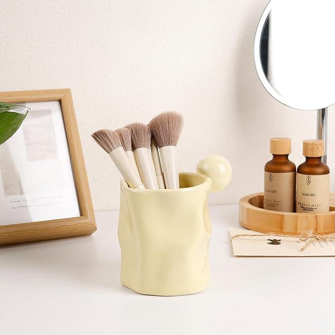Ceramic Pen Holder for Desk, Pencil Holder Stand, Pencil Cup Pot, Irregular Shape Desktop Organizer for Office, Home, School - Yellow