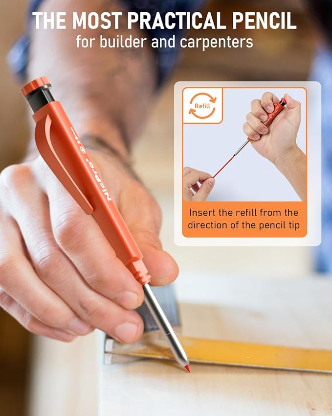 Nicpro Upgraded 3-IN-1 Carpenter Pencils Set with Finger Grip, 1Pcs Construction Pencil with 13 Refill & Mini Spirit Level, Deep Hole Marker Carpenter Tool, Mechanical Pencil for Architect Woodworking