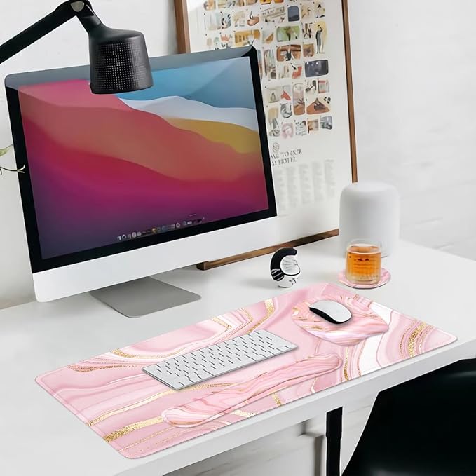 Keyboard Wrist Rest Large Mouse Pad Wrist Support for Computer, 4 in 1 Memory Foam Keyboard Pad Desk Mat Ergonomic Hand Rest Wrist Cushion for Home Office Gaming - Pink Marble