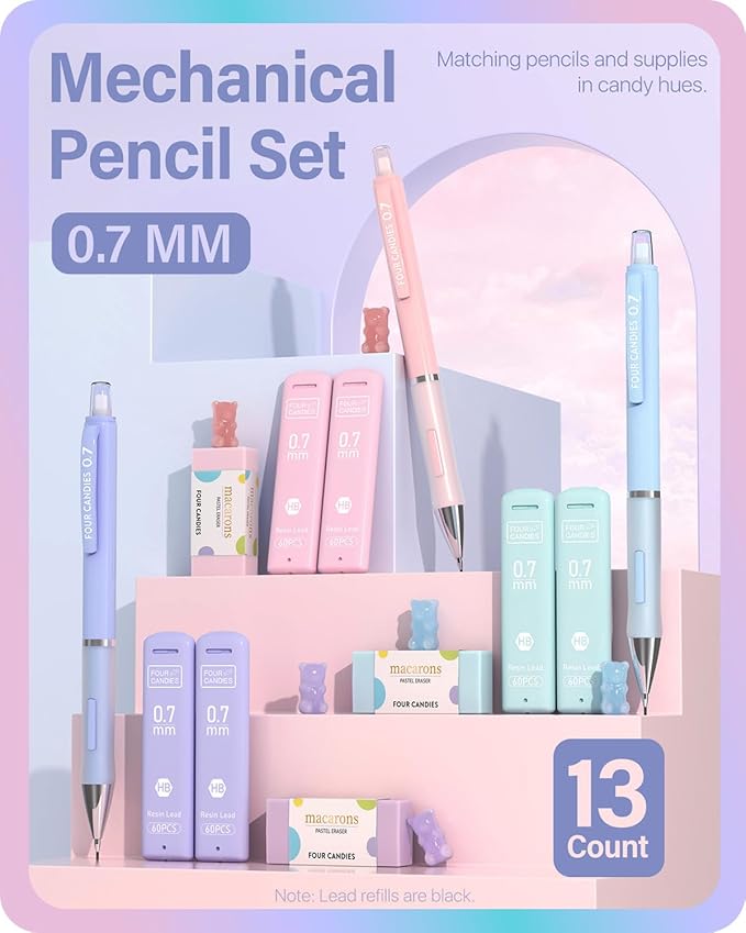 Four Candies Cute Mechanical Pencils 0.7mm, Pencil Set with 360PCS Lead Refills & Pastel Erasers, School Supplies with Case
