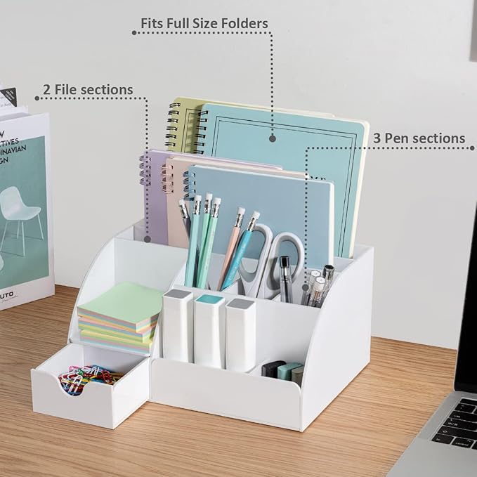 White Desktop Organizer - 9 Compartment Office Desk Accessories Organizer - Pen Holder