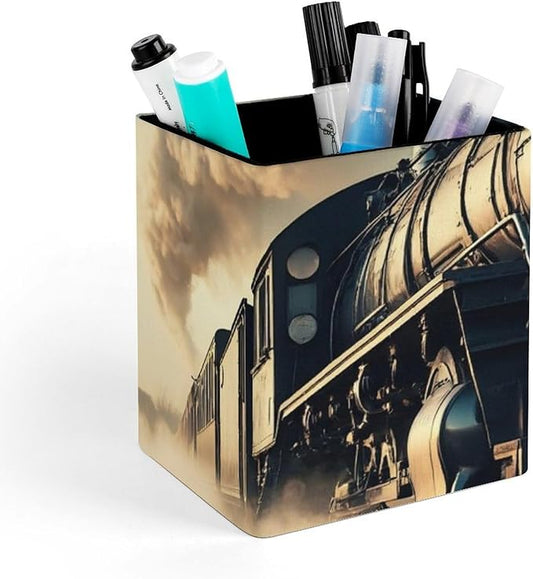 Holder Cup Makeup Brush Storage Organizer, Waterproof Multifunctional Office Supplies, Pen Holder Square Leather Pencil Train