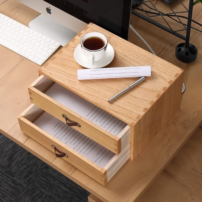 Wooden Desk Organizer with 2 Drawers - Desktop Storage Drawers for Office Supplies File Paper Storage - Wood Chest/Small Cabinets for Jewelry Dresser Kitchen Counter (FAX2C-LT）