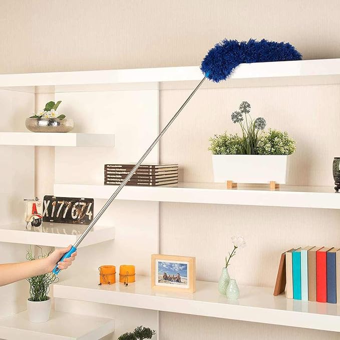 HEOATH Microfiber Feather Duster with Extendable Pole, 100 inches Extra Long Cobweb Duster for Cleaning, Bendable Head, Non-Scratch, Washable Duster for Ceiling, Fan, Furniture Blue