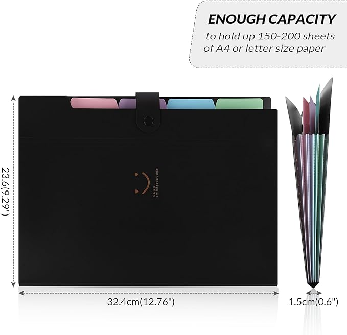 SKYDUE Expanding File Folder with 5 Pockets, Cute Accordion File Organizer, Letter Size Filing Folder, Portable Paper Organizer, School Office Supplies Black