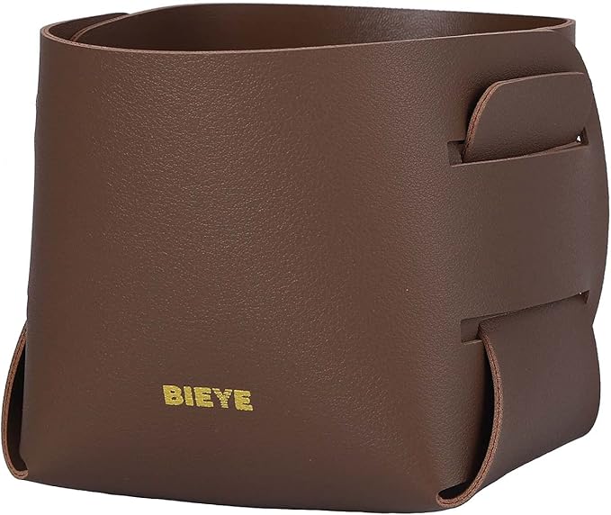 Bieye LSB003 Collapsible Leather Storage Bin Decorative Desk Organizer for Jewelry Makeup Pen Pencil Glasses Remote Controller Storage (Brown, 4" WX4 LX4 H)