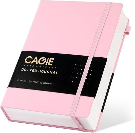 CAGIE Bullet Dotted Journal Notebook 320 Pages 100 GSM Paper Hardcover A5 Dot Grid Notebook Leather Journals for Writing Women Men Work Journaling, Pink