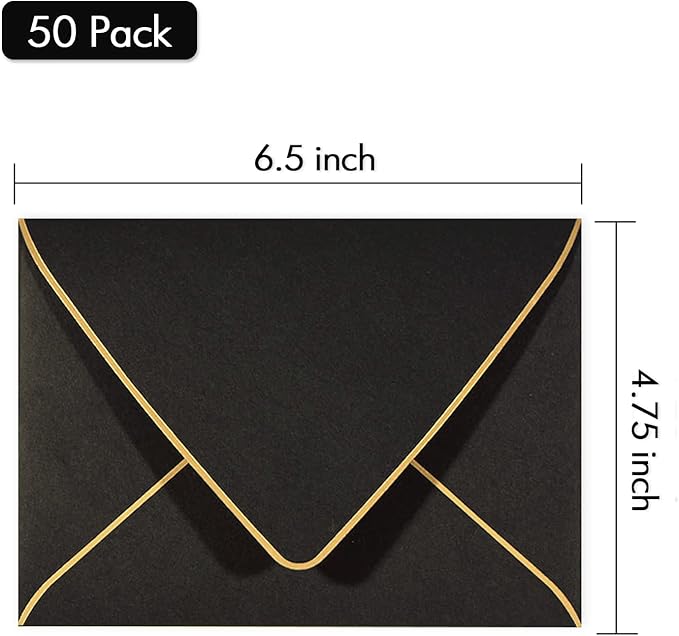 50 Pack A6 Black Invitation 4x6 Envelopes - Self Seal, V flap,Perfect for Baby Shower, 4x6 Cards, Weddings, Birthday, Graduation, 6.5 x 4.75 (Black)