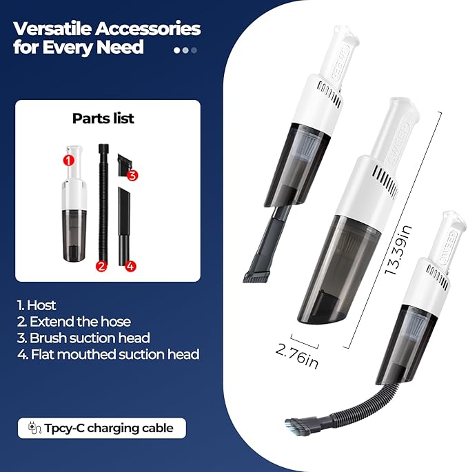 Xquyk Handheld Vacuum Cleaner Cordless, 3600Pa Suction, 50W Motor, Type-C Rechargeable, Bagless HEPA Filter, 20 Min Runtime, Lightweight 0.49 lb, for Car, Sofa, Home, Pet Hair（White）