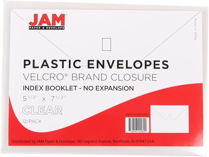 JAM PAPER Plastic Envelopes with Hook & Loop Closure - Index - 5 1/2 x 7 1/2 - Clear - 12/Pack