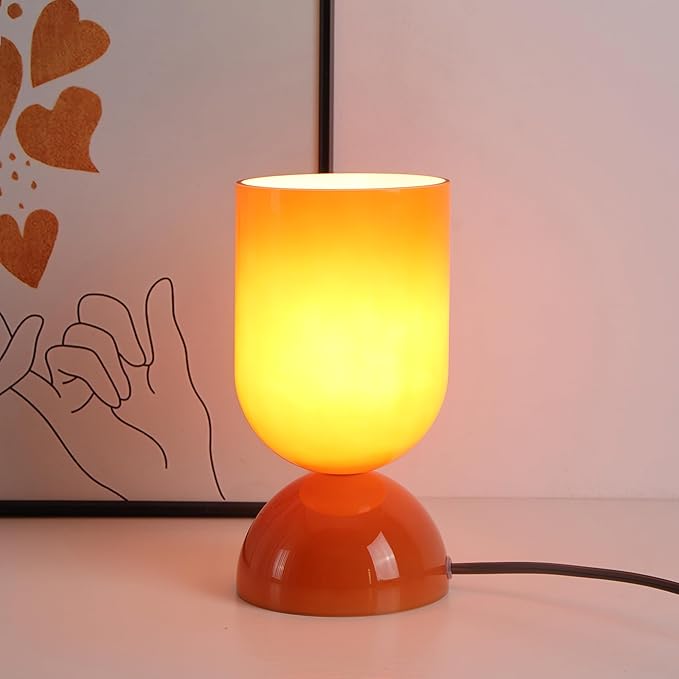 8.9" Modern Glass Table Lamp for Living Room, Dimmable Desk Lamps for Bedroom, UL Listed Nightstand Lamp with Dome Base, End Table Lamps for Kids Room, Side Tables, College Dorm, Office, Glossy Orange