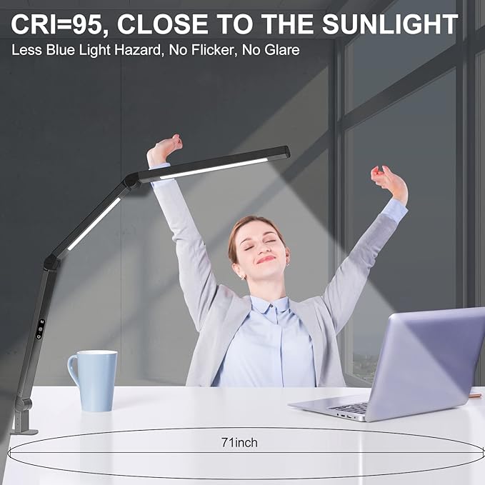 LED Desk Lamp with Clamp, Architect Desk Lamp with Dual Light and Adjustable Swing Arm, Clip-on Eye-Care 4 CCT Modes & 5 Brightness Levels Table Light Modern Computer Lighting for Home Office