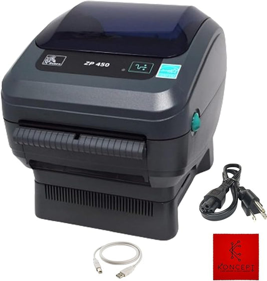 ZP450 Zebra Direct Thermal Label Barcode Printer -1 Year Warranty - with USB 2.0 Cable & 3 Prong Cord - USB, Serial and Parallel Connectivity 203 DPI