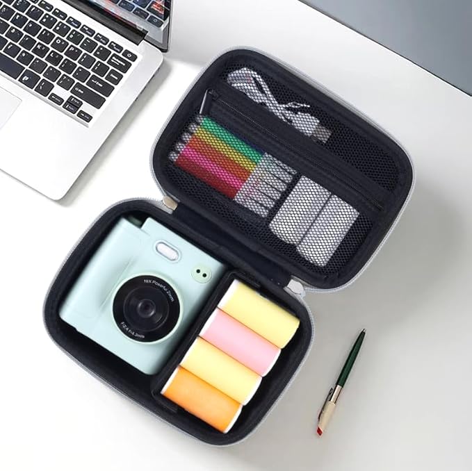 Carrying Case for Print Pods Mini Printer, Portable Mini Thermal Sticker Maker Travel Bag with Mesh Pocket, Bluetooth Label Printer Protective Storage Holder for Printing Paper & Accessories (Green)