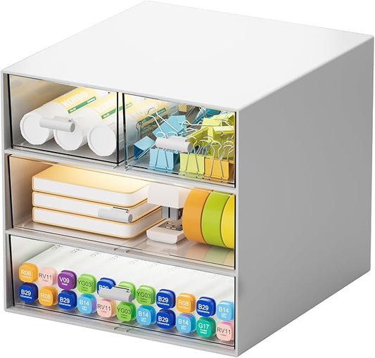Marbrasse Desk Organizer with 4 Drawers，Office Organization, Clear Plastic Desk Organizers and Storage, Desktop Organizer for Office School Home (White-4 Drawers)