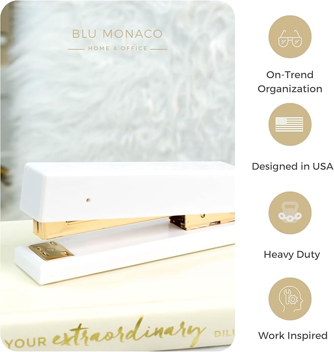 Blu Monaco White and Gold Stapler – Chic Desk Accessory with Smooth Metal Mechanism – Stylish Gold Office Supply for Home, School, and Work – Aesthetic White Essentials for Modern Desks