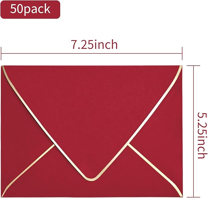 A7 Red Envelopes 5 x 7 With Gold Border,- 50 Pack,For 5x7 Cards| Quick Self Seal| Perfect for Weddings, Invitations, Photos, Graduation, Baby Shower| Thick Luxury paper|5.25 x 7.25 Inches