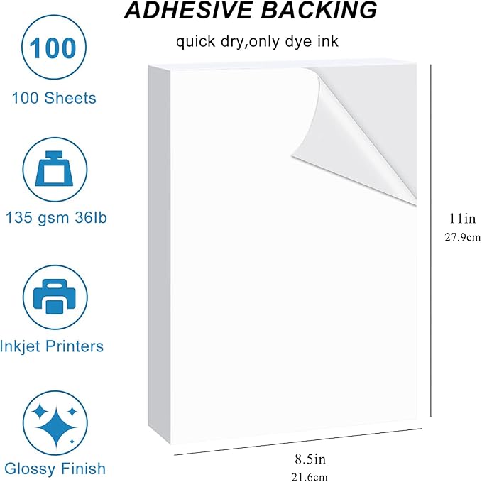 Self-Adhesive Photo Paper, Glossy Sticker Paper for Inkjet Printer, 8.5 x 11 Inch, 100 Sheets, 135 gsm, Letter Size, by ESHANG