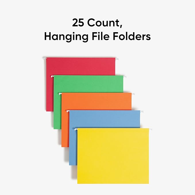Smead Standard Hanging File Folders, 25 Count, Assorted Primaries, 1/5-Cut Adjustable Tabs, Letter Size (64059)