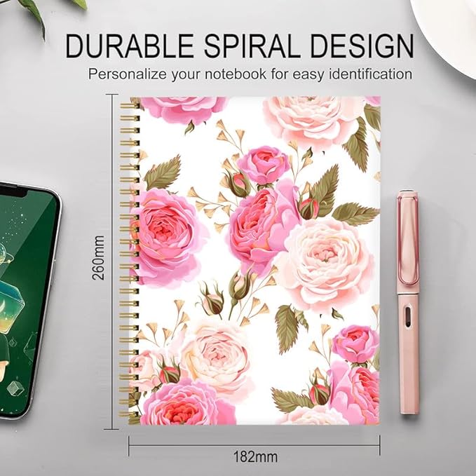 Spiral Journal Notebook for Women,A5 College Ruled Notebooks 6"x 8.4", 120 Pages (60 Sheets) Lined Journal with Premium Thick Paper,Perfect for School Office Home(Beautiful Floral Rose)