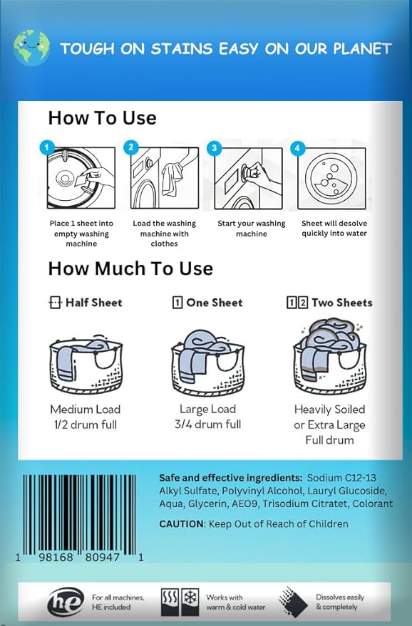 Laundry Detergent Sheets - Fragrance Free - No Plastic Jug (60 Loads) 30 Sheets, Liquidless Technology