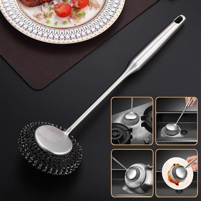 6Pcs Steel Wool Scrubber with Long Handle - Stainless Steel Scrub Brush Set for Scouring Stubborn Messes from Cast Iron, Pots, Pans, Grill, Sink (1 Scrubber + 4 Pads + 1 Screwdriver)