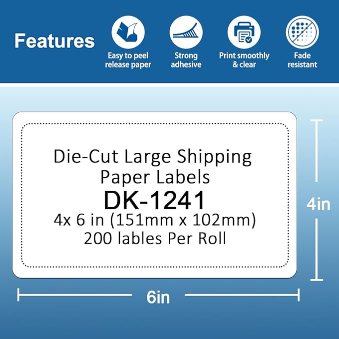 Label KINGDOM Replace for Brother DK-1241 Die-Cut Large Shipping Label, 4" x 6" (102 mm x 151 mm) 200/Roll for Thermal QL-1100 QL-1110NWB Label Printer (3 Paper Roll+1 Reusable Cartridge)