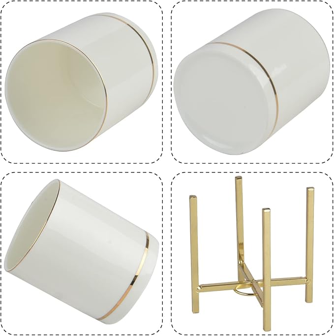 Gold Pen Holder for Desk Aesthetic, Ceramic Pencil Cup with Metal Legs, Makeup Cup for Brushes, Desk Decor for Women Girls