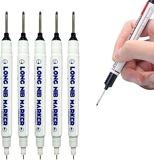 5PCS Long Head Deep Hole Marker Pens, 20mm Deep Reach Long Nose Markers, 45mm Permanent Markers Carpenter Ink Marker Pens, Waterproof Construction Markers Marking Tool, Metal Marking Pen (Black A)