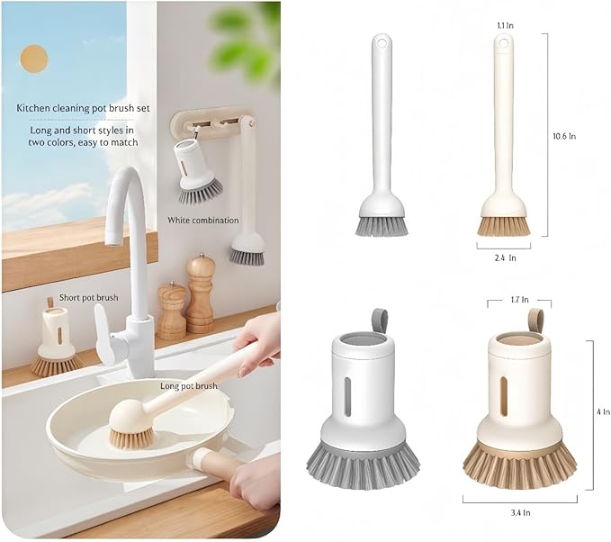 Adjustable Dish Brush with Soap Dispenser, Non-Scratch PET Bristles, Ergonomic Handle, Kitchen Cleaning Tool for Pots, Pans & Sink (Grey, Long-1 Piece)