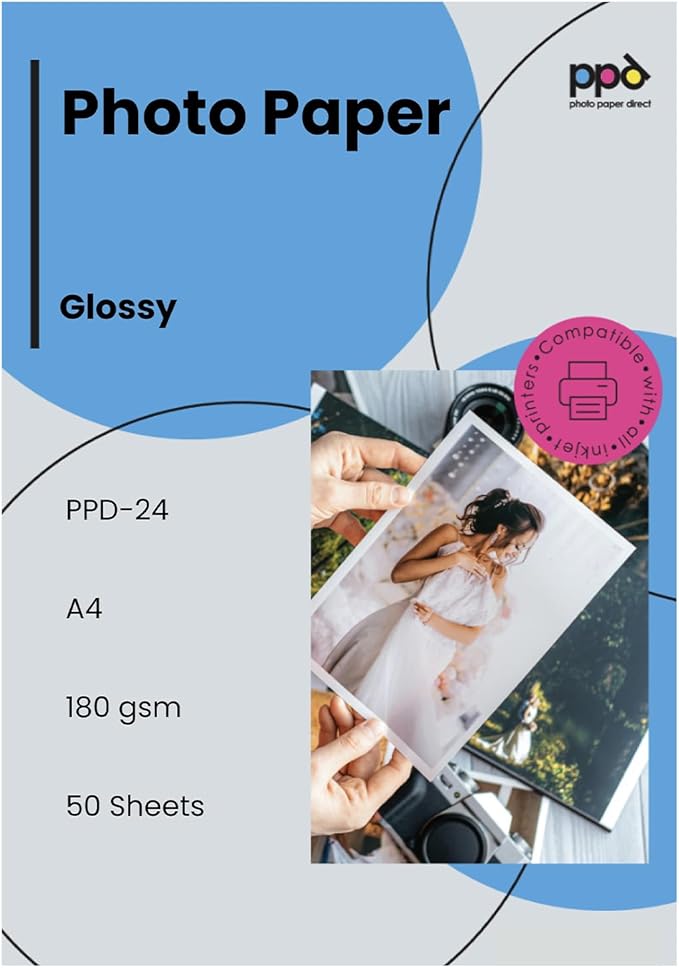 PPD 8.5 x 11 50 Sheets Glossy Photo Paper 180gms for Inkjet Printer, Custom Picture, Professional Photographic Instant Dry For Normal, Dye or Pigment Ink - PPD-24-50