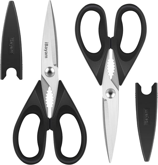 Black Kitchen Scissors - Heavy Duty Meat & Poultry Shears, Dishwasher Safe Stainless Steel Utility Scissors, 2-Pack Black Kitchen Utensils Set for New Home Essentials