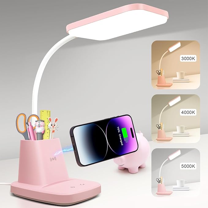 Sailstar Pink Desk Lamp, Small Desk Lamp with Pen Holder, Wireless Charger LED Desk Lamps for Home Office, Kids Desk Lamps 800LM Gooseneck 3 Modes Dimmable Touch, Study Lamps for College Dorm Room