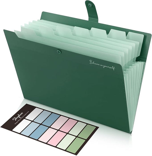 SKYDUE Expanding File Organizer with 8 Pockets, Accordion File Folders with Labels, Portable Document Paper Bill Receipt Organizer, Home College School Office Supplies, Letter Size,ForestGreen