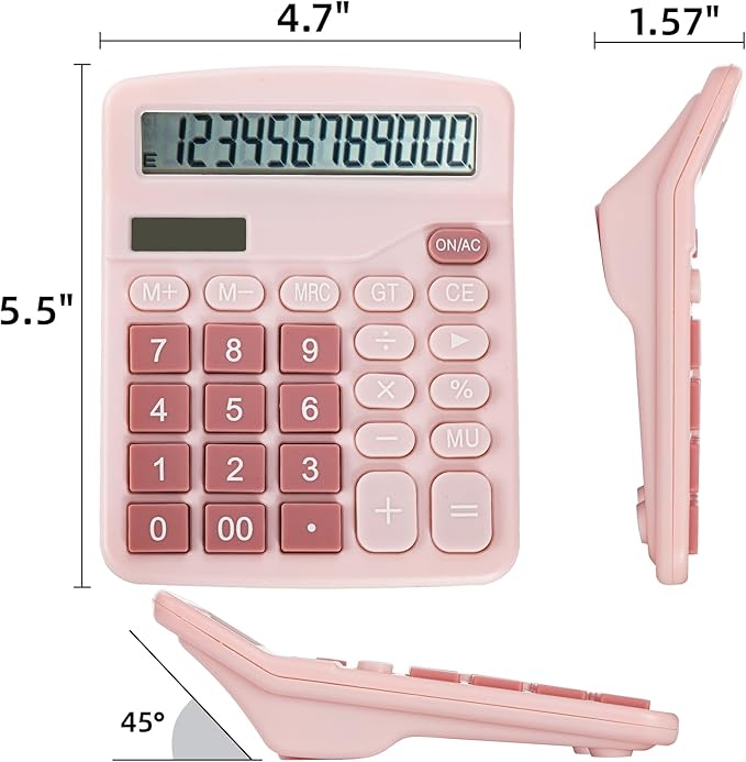4 Pack Handheld Desktop Calculators, Solar Battery Dual Power Basic Calculator 12 Digit Large Display, Standard Functional Desk Calculator Big Sensitive Button for Office Home School Pink Blue