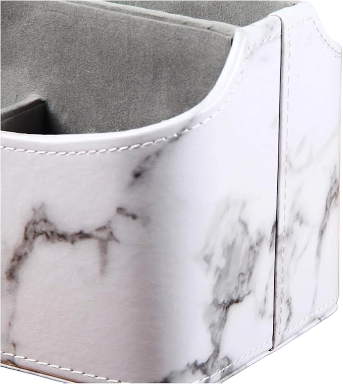 PU Leather Remote Control Holder,360 Degree Spinning Desk TV Remote Caddy,Desk Organizers and Accessories,for Controller,Media,Mail,Calculator,Mobile Phone,Pen Storage Holder(White Marble)